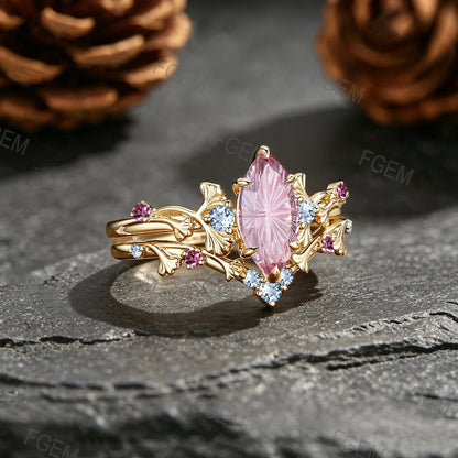 1CT Marquise Fantasy Cut Padparadscha Ring Set Ginkgo Leaf Promise Ring Aquamarine Pink tourmaline Accent Wedding Band