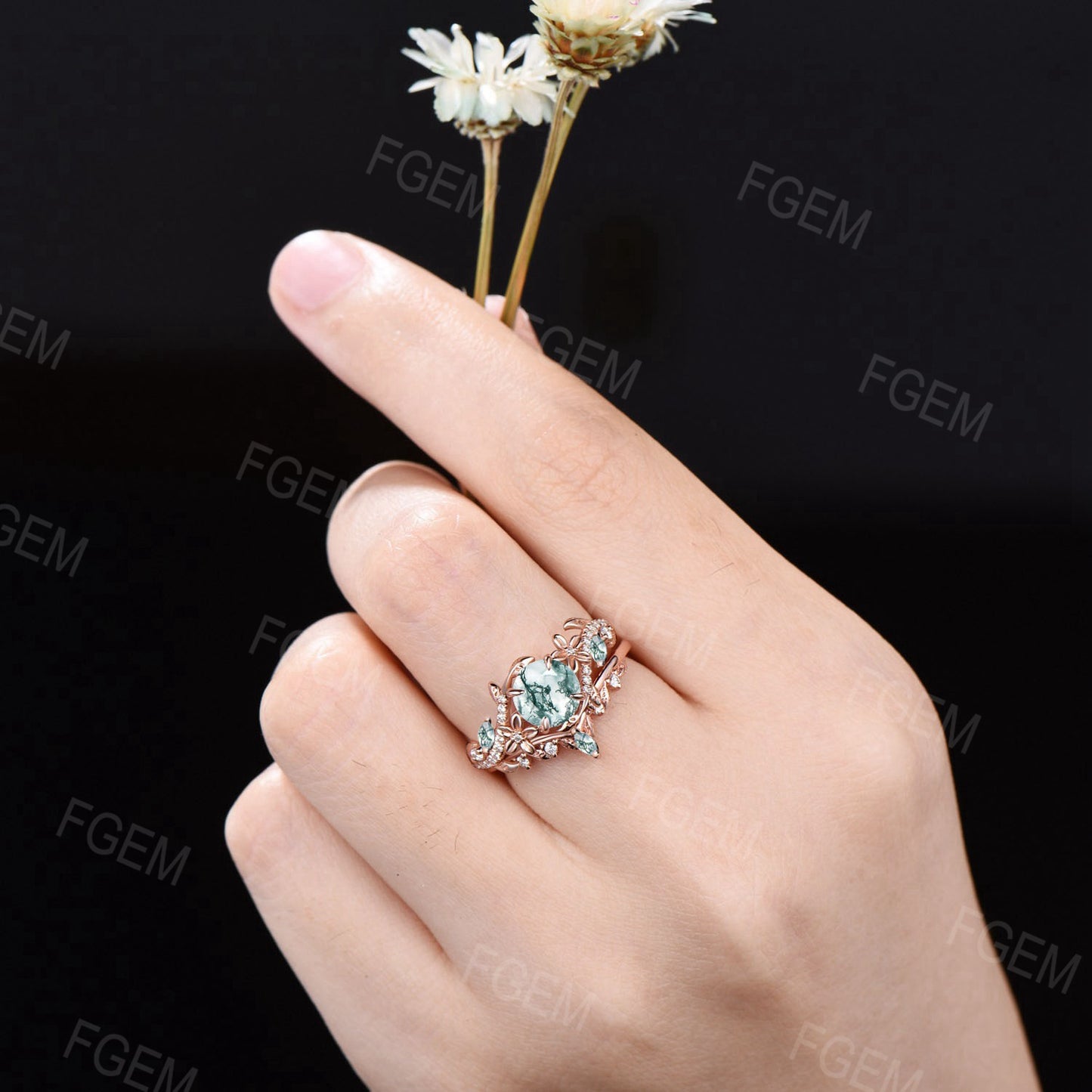 Floral Natural Moss Agate Ring 14k Rose Gold Round Cut Green Agate Wedding Ring Flower Engagement Ring Twig Leaf Branch 2pcs Bridal Ring Set