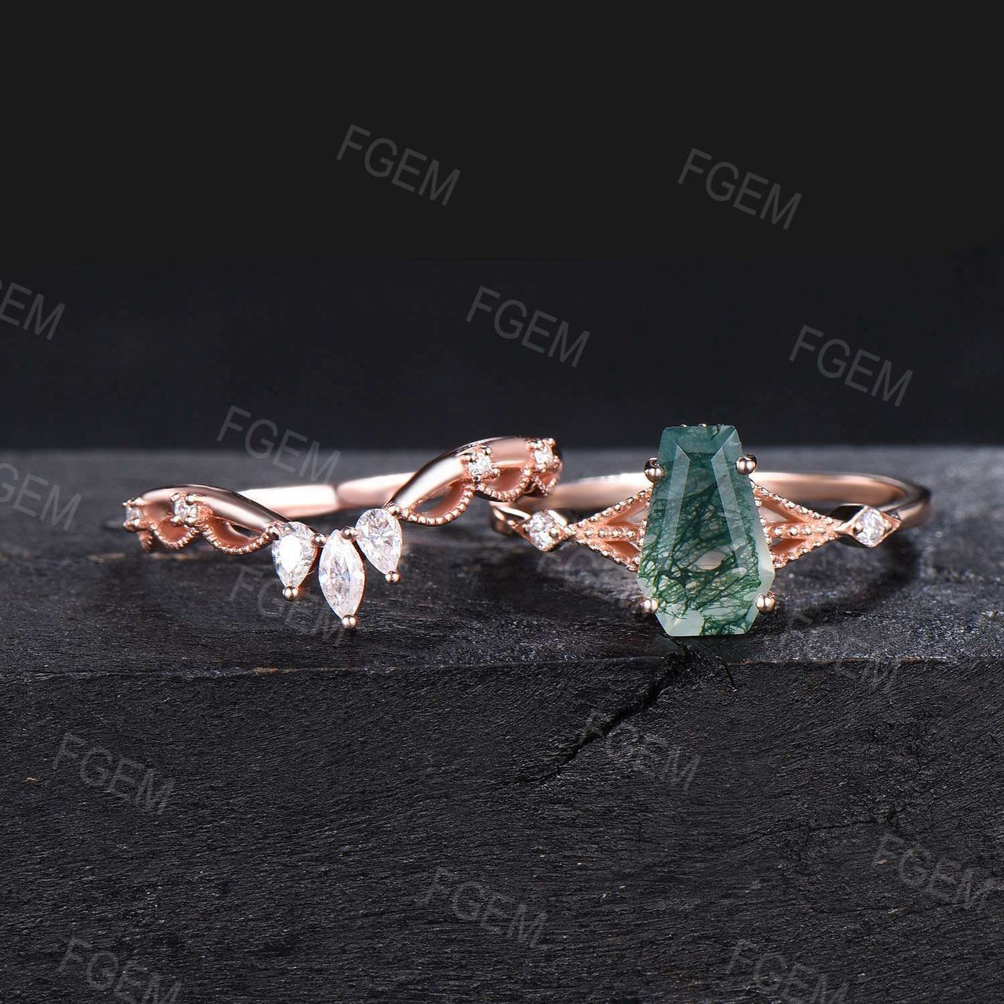 Unique Coffin Natural Moss Agate Ring Set Vintage Coffin Shape Engagement Ring Long Hexagon Moss Agate Moissanite Bridal Set