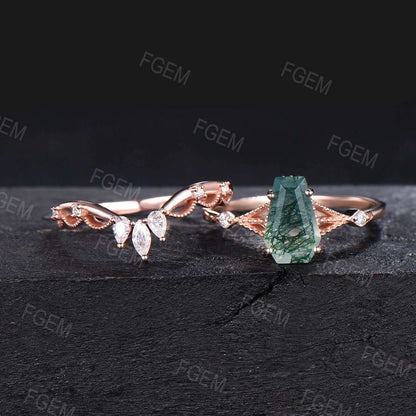 Unique Coffin Natural Moss Agate Ring Set Vintage Coffin Shape Engagement Ring Long Hexagon Moss Agate Moissanite Bridal Set