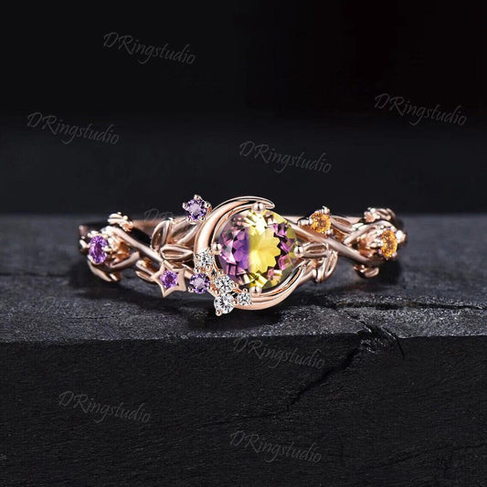 Moon Star Round Cut Ametrine Engagement Ring Rose Gold Nature Inspired Leaf Ring Cluster Citrine Amethyst Wedding Ring Ametrine Crystal Ring