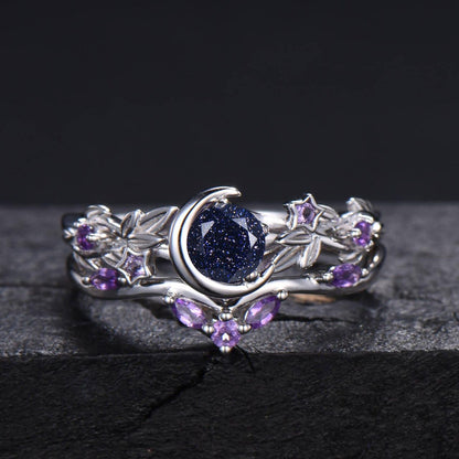 Black Moon Star Galaxy Nebula Ring Nature Inspired Leaf Blue Sandstone Engagement Ring Black Gold Amethyst Promise Bridal Set Proposal Gift