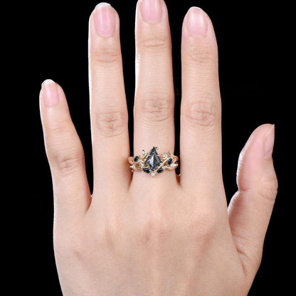 Nature Inspired Natural Salt And Pepper Diamond Kite Cut Bridal Wedding Ring Set 14k Black Gold Gothic Branch Moon Unique Engagement Jewelry