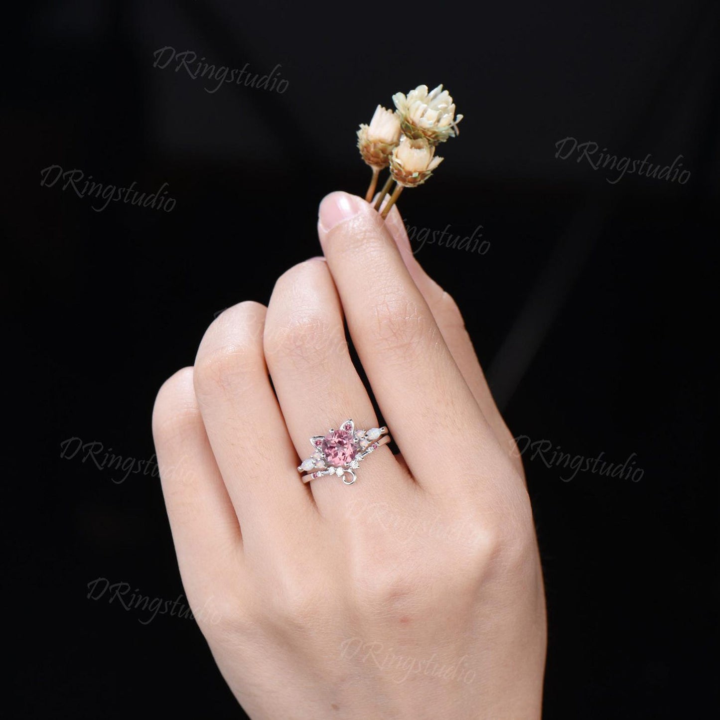 7mm Round Padparadscha Pink Sapphire Cat Tail Engagement Ring Set White Gold Dainty Kitten Ring Pink Gemstone Opal Bridal Set For Cat Lover