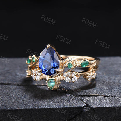 Twig Vine Blue Sapphire Engagement Ring Set Vintage Nature Inspired Pear Cut Blue Sapphire Emerald Promise Ring Antique Noble Gift for Women