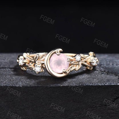 5mm Round Nature Inspired Natural Pink Rose Quartz Wedding Ring Moon Star Design Leaf Moissanite Diamond Ring Unique GraduationLover Gifts