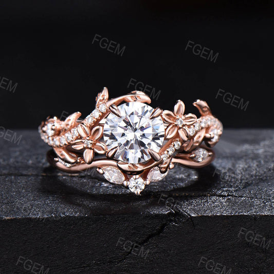 Garden Inspired Round Moissanite Engagement Ring Set 1ct Rose Gold Entangled Vines Bridal Set Floral Wedding Ring Promise Gifts For fiancee
