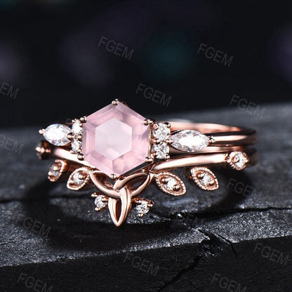 Natural Rose Quartz Ring Sterling Silver Bridal Ring Set Love Stone Ring Hexagon Engagement Ring Pink Crystal Ring Gift for Couple