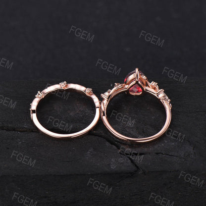 1.25ct Pear Ruby Gemstone Jewelry 14K Rose Gold Nature Wedding Ring Twig Leaf Ruby Bridal Set Unique Anniversary Ring July Birthstone Gifts