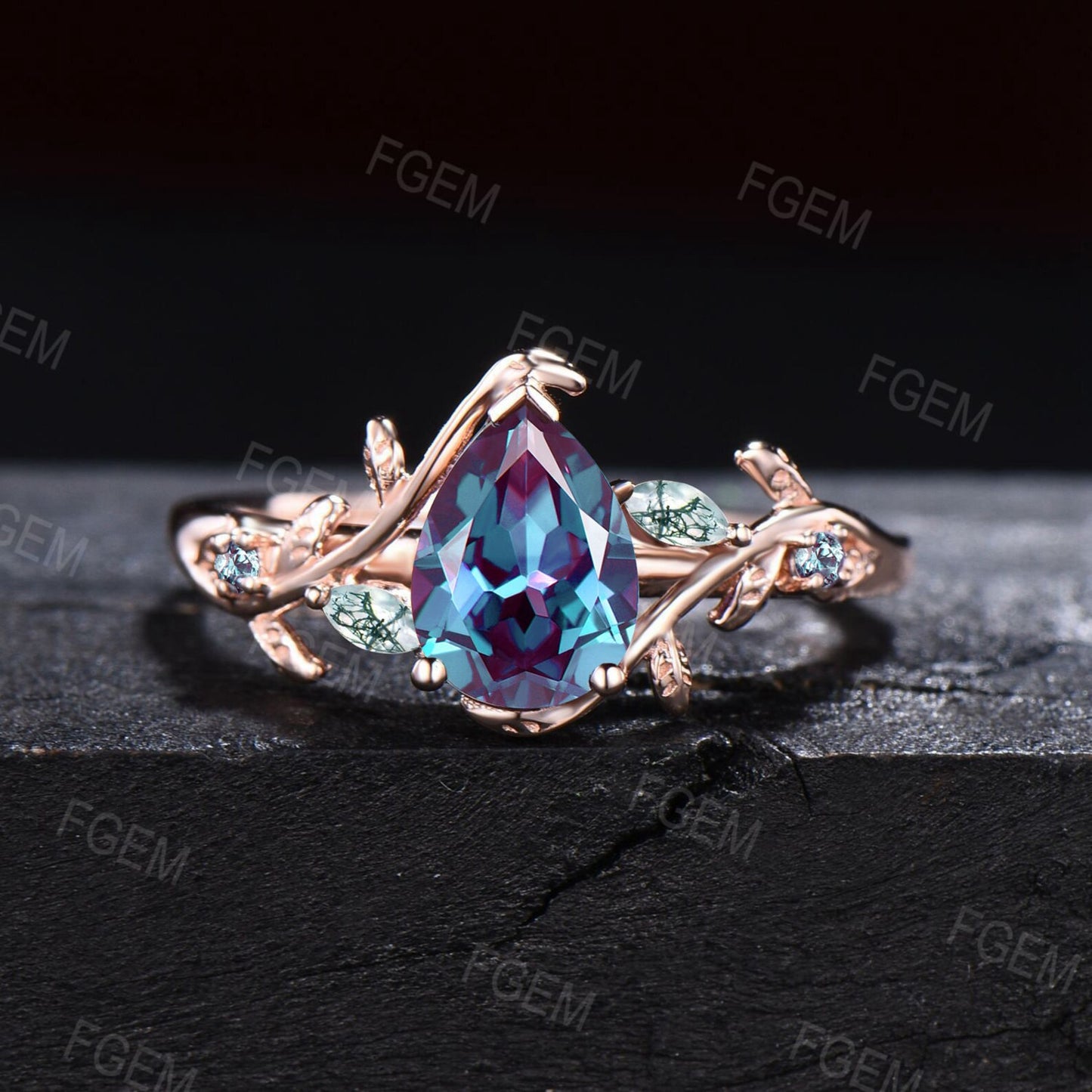 1.25ct Pear Nature Inspired Branch Color-Change Alexandrite Wedding Ring 10K Rose Gold Cluster Moss Agate Ring Unique June Birthstone Gifts