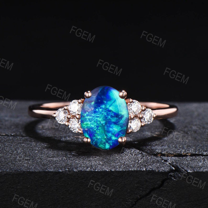 Blue Opal Cluster Engagement Ring Set Vintage 1.5ct Oval Cut Dark Opal Bridal Set Blue Gemstone Jewelry Unique Handmade Promise Ring Women