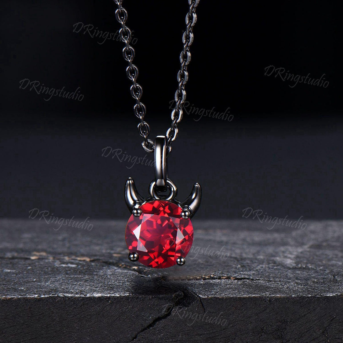 Devil pendant Unique 7mm Round Ruby Necklace Solid Black Gold Little Devil Red Gemstone Necklace July Birthstone Jewelry For Halloween