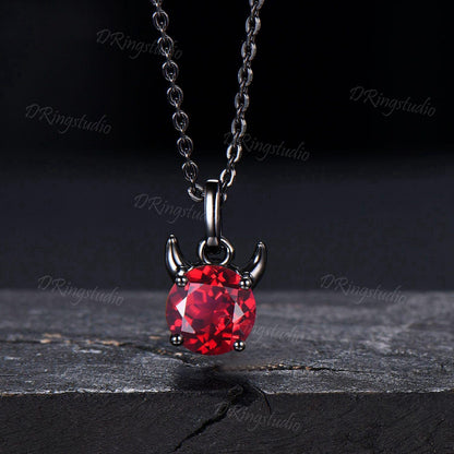 Devil pendant Unique 7mm Round Ruby Necklace Solid Black Gold Little Devil Red Gemstone Necklace July Birthstone Jewelry For Halloween