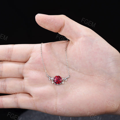 Nature Inspired Ruby Solitaire Necklace Leaf Band Ruby Pendant Twig leaf Vine July birthstone Jewelry 8mm Round Ruby Necklace Gifts For Her
