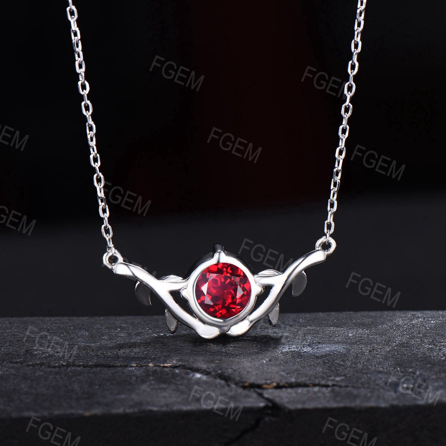 Nature Inspired Ruby Solitaire Necklace Leaf Band Ruby Pendant Twig leaf Vine July birthstone Jewelry 8mm Round Ruby Necklace Gifts For Her
