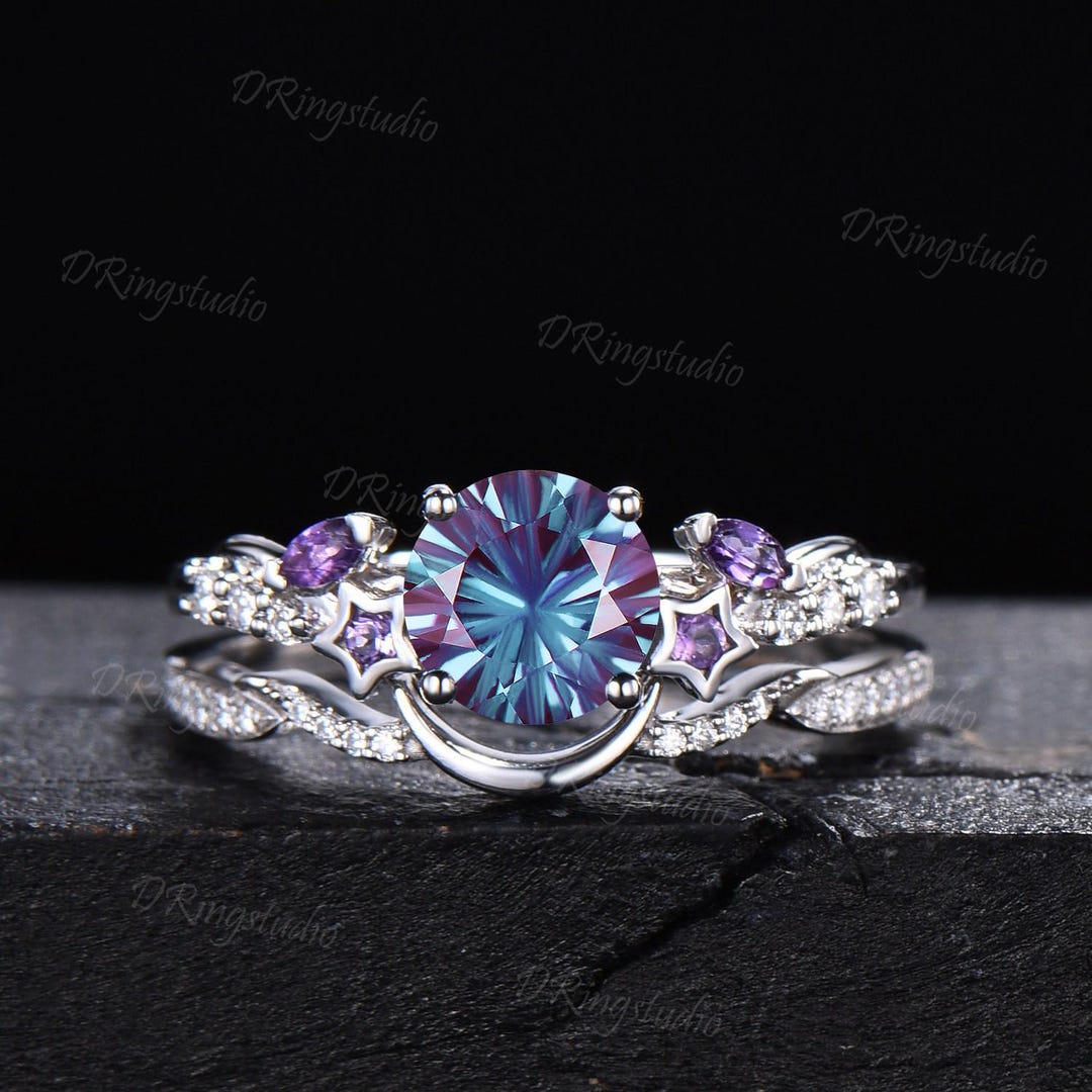 6.5mm Round Fireworks Cut Alexandrite Bridal Ring Set Waxing Crescent Moon Star Amethyst Silver Engagement Ring Color-Change Ring Women Gift