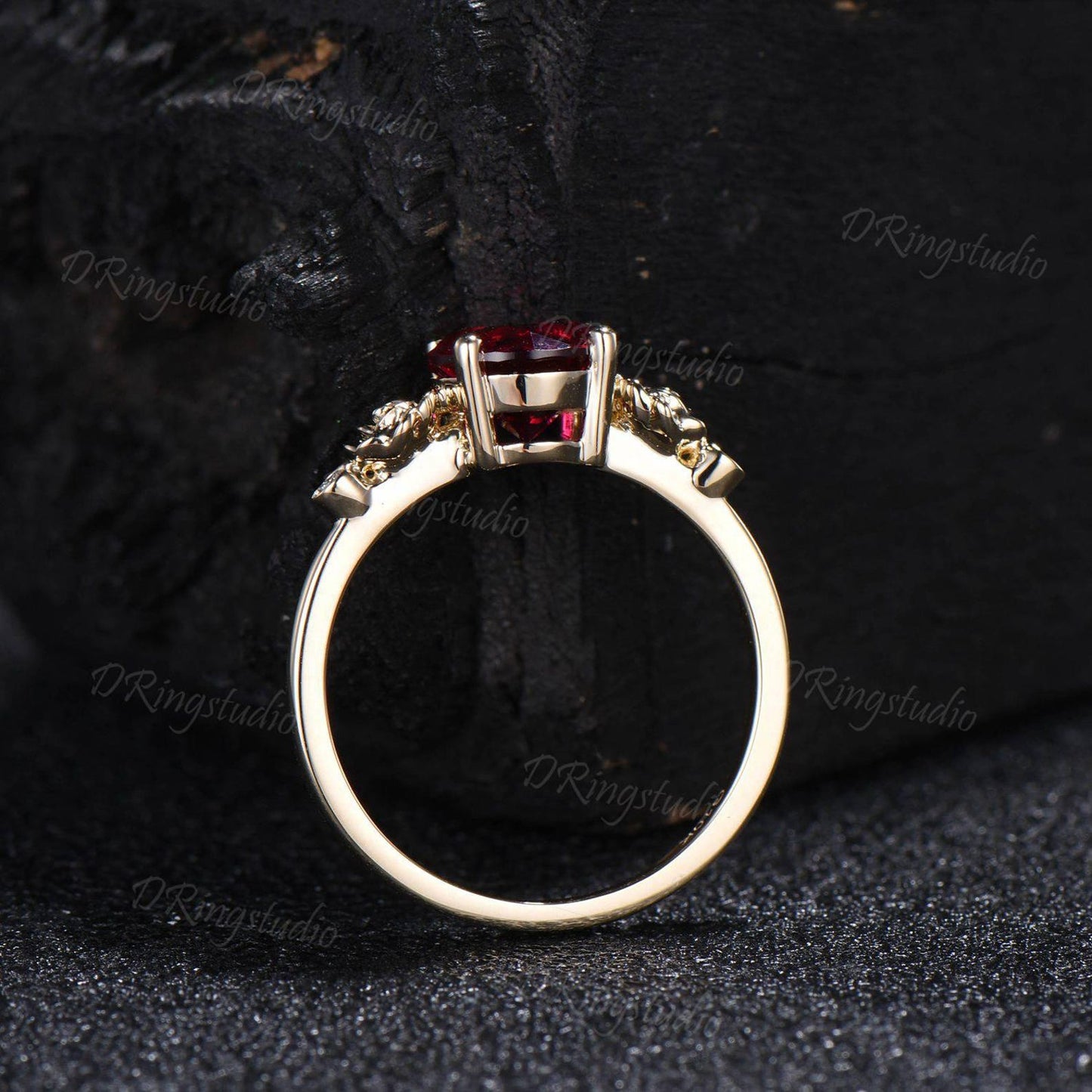 Rose Flower Nature Inspired Red Ruby Engagement Ring Round Ruby Nature Wedding Ring Floral Ruby Moissanite Ring July Birthstone Jewelry Gift