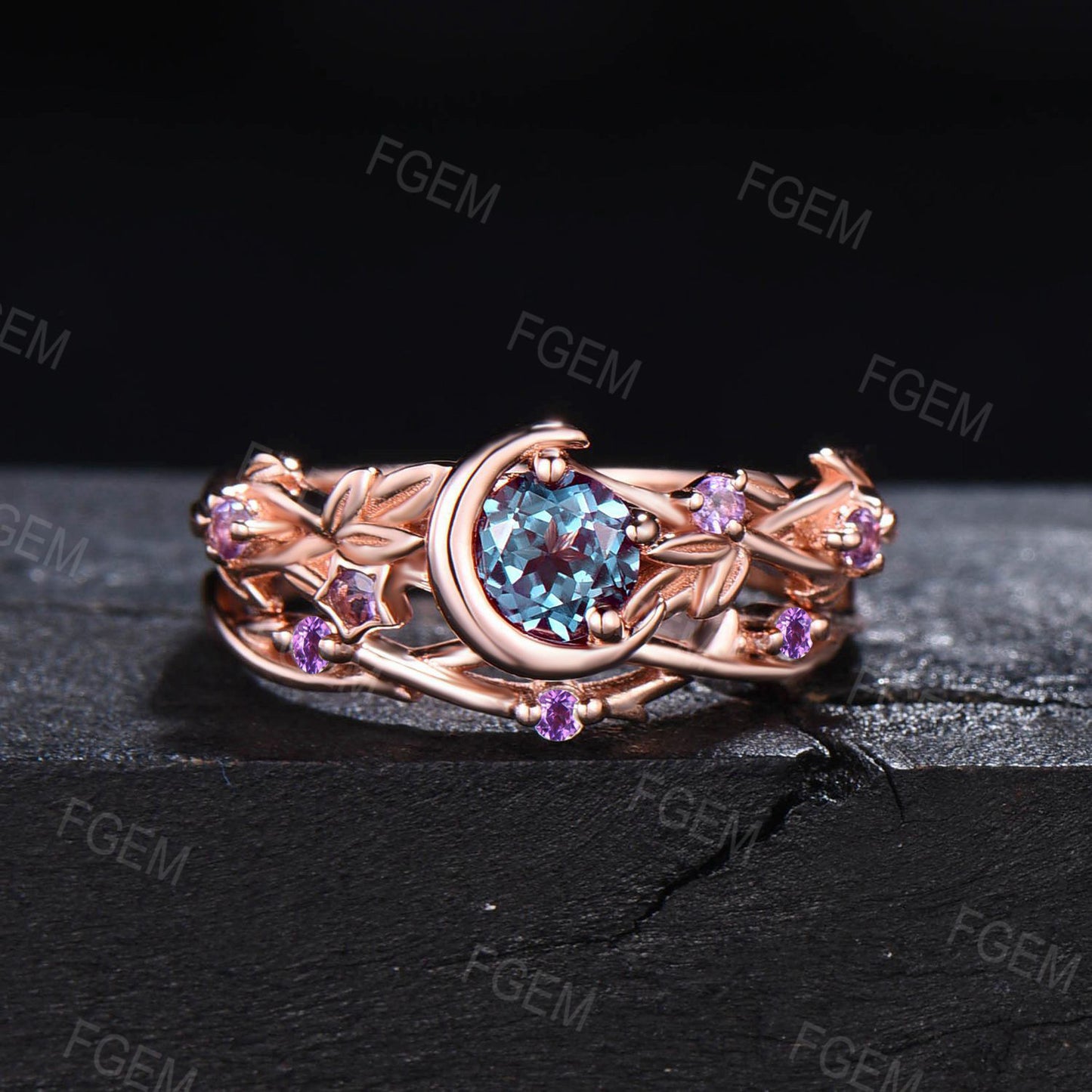 5mm Round Color-Change Alexandrite Ring Set Crescent Moon Alexandrite Bridal Set Nature Style Twig Leaf Amethyst Ring June Birthstone Gifts