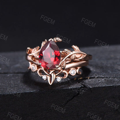 July Birthstone Wedding Ring 1.25ct Pear Red Ruby Ring Set Ruby Gemstone Jewelry Nature Ruby Celtic Bridal Ring Set Anniversary Gift Women