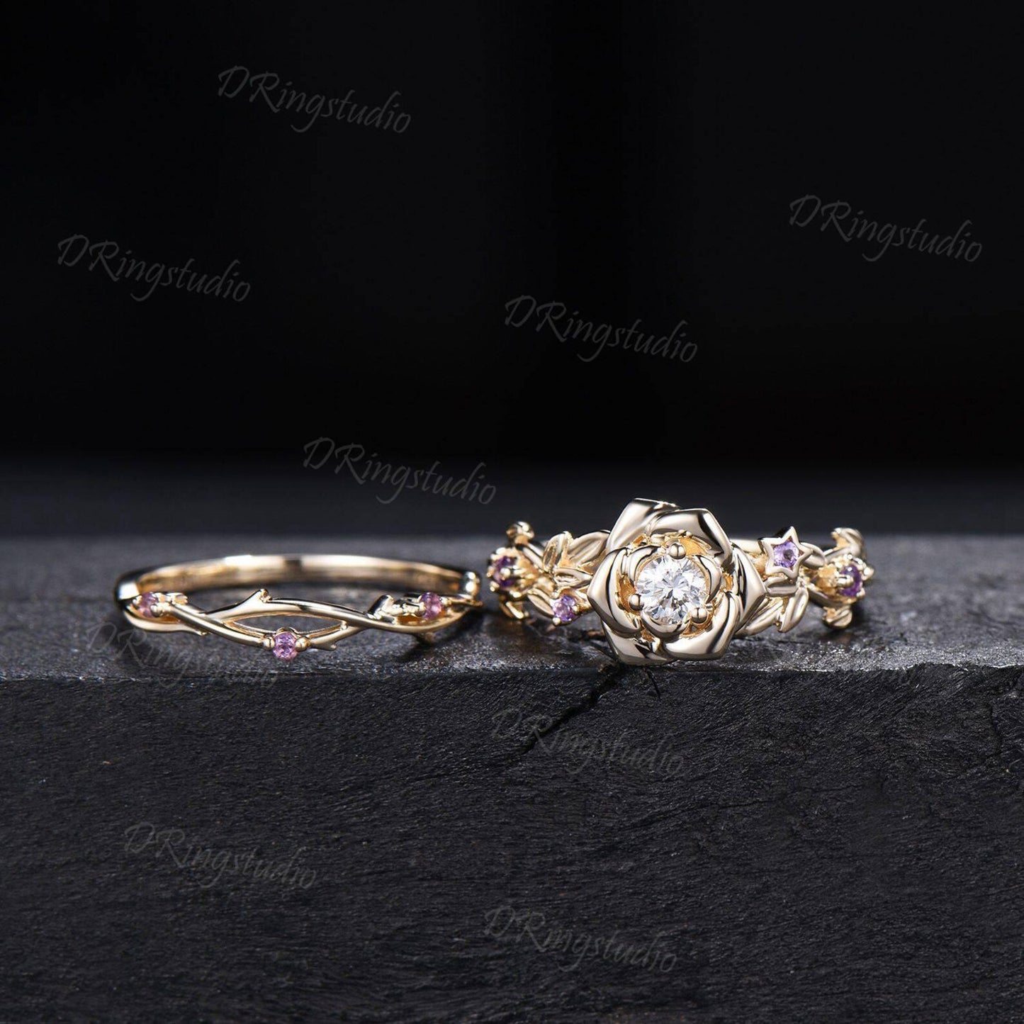 Round Lab Grown Diamond Flower Engagement Ring Set Floral Branch Leaf Bridal Set Amethyst Wedding Band 14K Yellow Gold Anniversary Gift