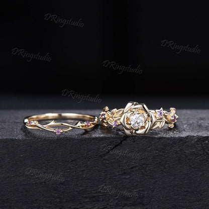 Round Lab Grown Diamond Flower Engagement Ring Set Floral Branch Leaf Bridal Set Amethyst Wedding Band 14K Yellow Gold Anniversary Gift