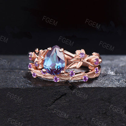 1.25ct Twig Vine Branch Nature Inspired Pear Alexandrite Engagement Ring Set Rose Flower Floral Amethyst Rings Unique June Birthstone Gifts