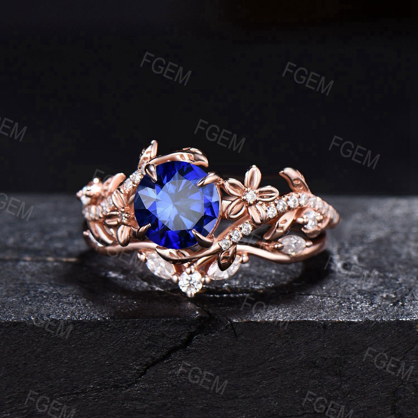 Floral Blue Sapphire Engagement Ring Set Rose Gold Branch Leaf Moissanite Cluster Bridal Set September Birthstone Wedding Ring Promise Gifts