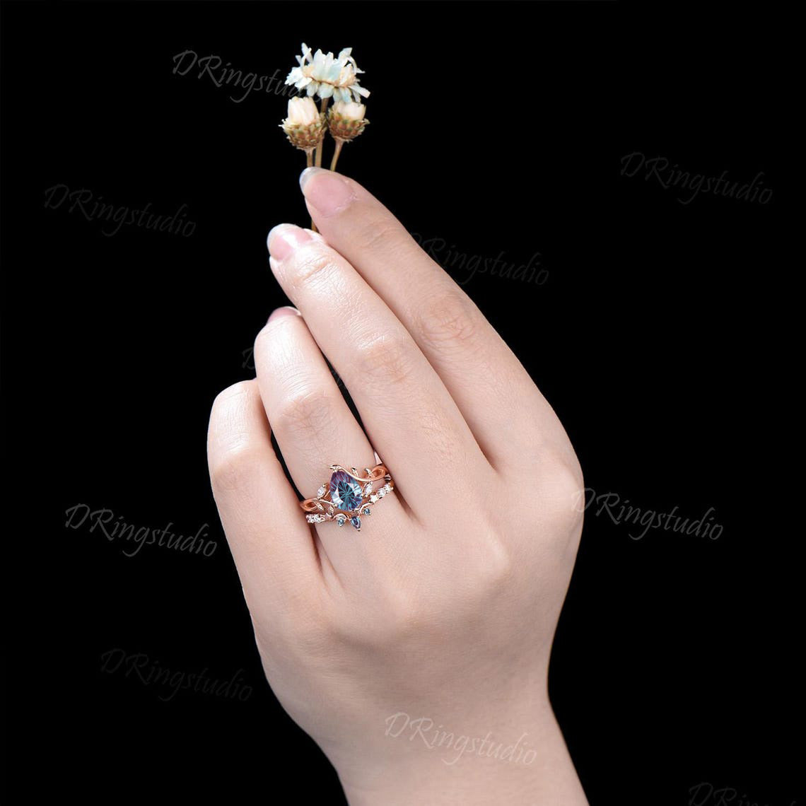 14k Rose Gold Twig Branch Leaf Engagement Ring Nature Inspired Fireworks Cut Alexandrite Bridal Set Unique Moon Star Moissanite Wedding Ring