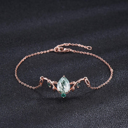 Rose Gold Branch Leaf Bracelet Nature Inspired Wedding Bracelet Pear Shaped Natural Moss Agate Bracelet Boho Bridal Jewelry Proposal Gift