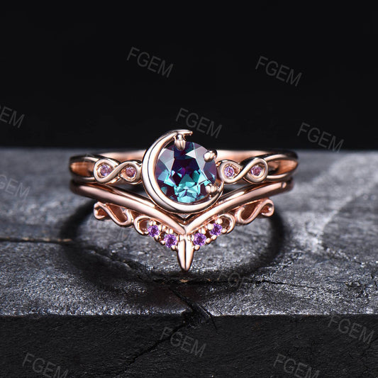 5mm Round Color-Change Alexandrite Amethyst Moon Bridal Ring Set Infinite Love Ring June Birthstone Split Shank Wedding Rings for Fiancée