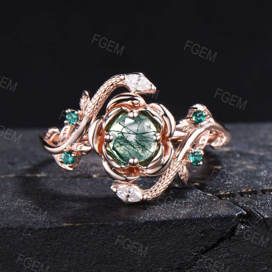 Double Snake Ring Rose Gold Natural Green Moss Agate Wedding Ring Floral Engagement Ring Twig Leaf Aquatic Agate Emerald Ring Proposal Gifts