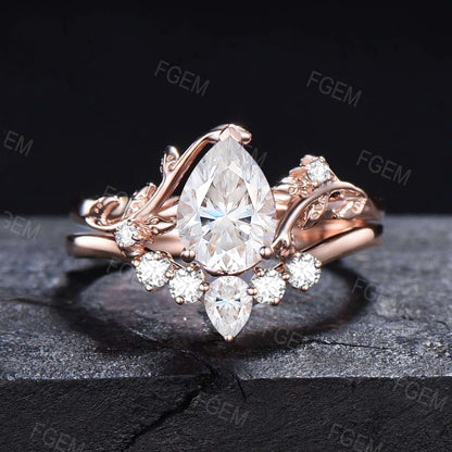 1.25ct Pear Moissanite Wedding Ring Set Nature Inspired Moissanite Diamond Engagement Ring Leaf Vine Branch Bridal Set Unique Promise Gifts