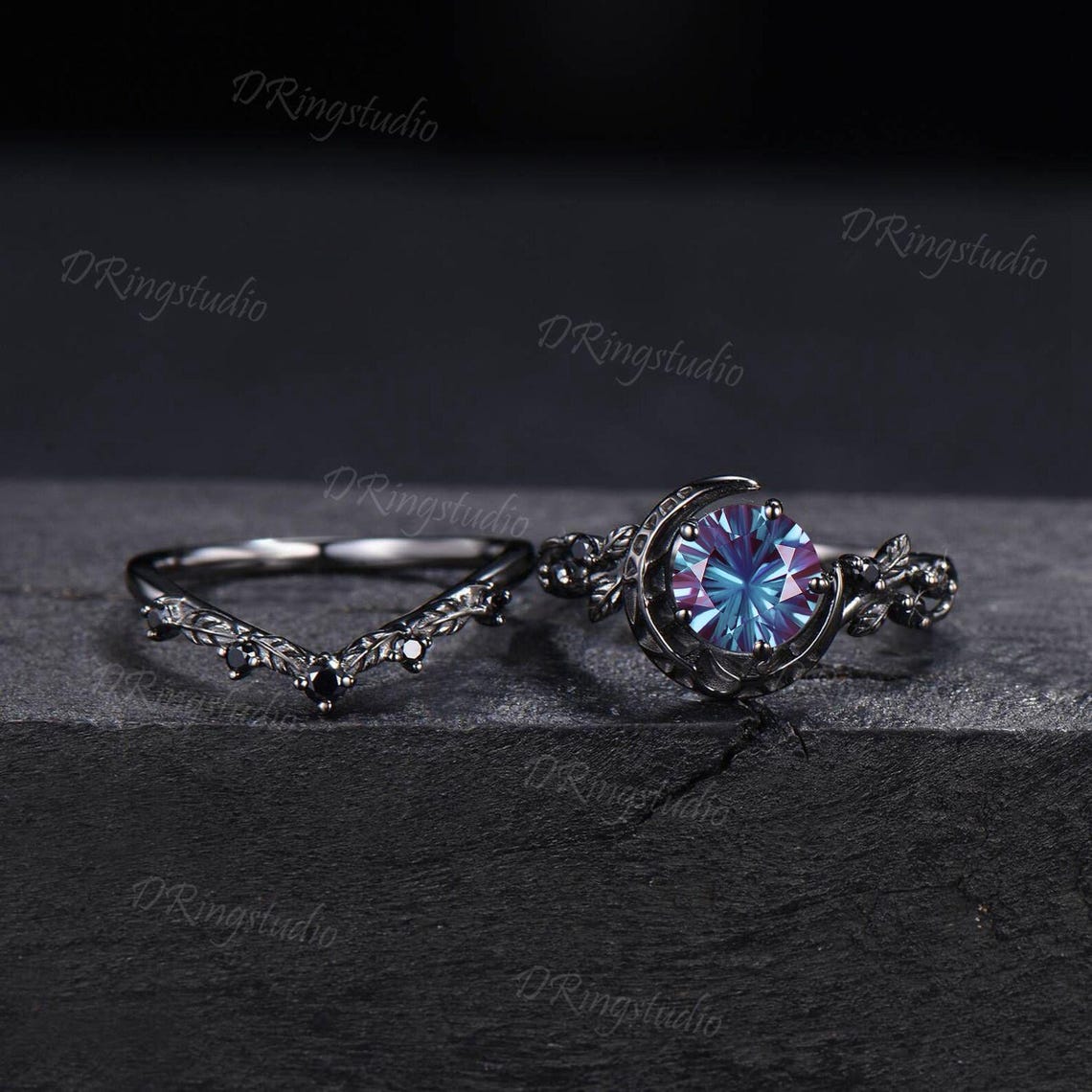 1ct Fireworks Cut Color-Change Alexandrite Black Moon Bridal Ring Set Black Gold leaf Vine Black Spinel Round Engagement Ring Gift for Women