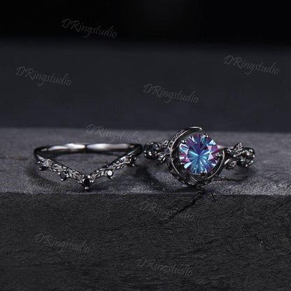 1ct Fireworks Cut Color-Change Alexandrite Black Moon Bridal Ring Set Black Gold leaf Vine Black Spinel Round Engagement Ring Gift for Women