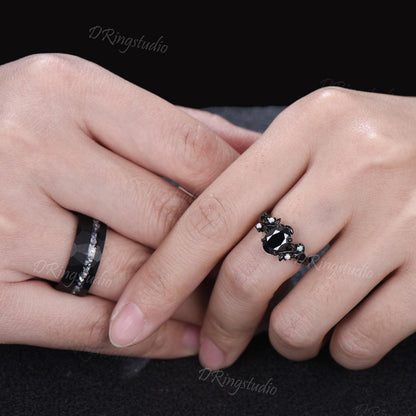 Gothic Natural Black Onyx Couples Promise Ring Set Black Gold Twig Leaf Witchy Engagement Ring Set Black Tungsten His and Hers Wedding Band