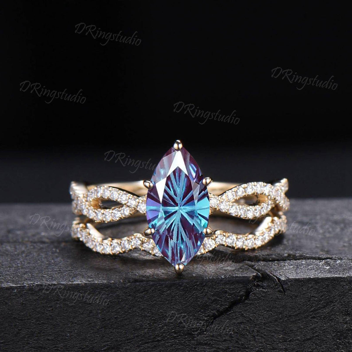 2ct Fireworks Cut Marquise Alexandrite Half Eternity Engagement Ring Twist Infinity Moissanite Yellow Gold Wedding Ring Sets Proposal Gift