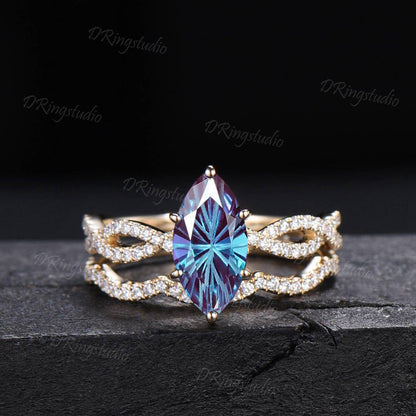 2ct Fireworks Cut Marquise Alexandrite Half Eternity Engagement Ring Twist Infinity Moissanite Yellow Gold Wedding Ring Sets Proposal Gift