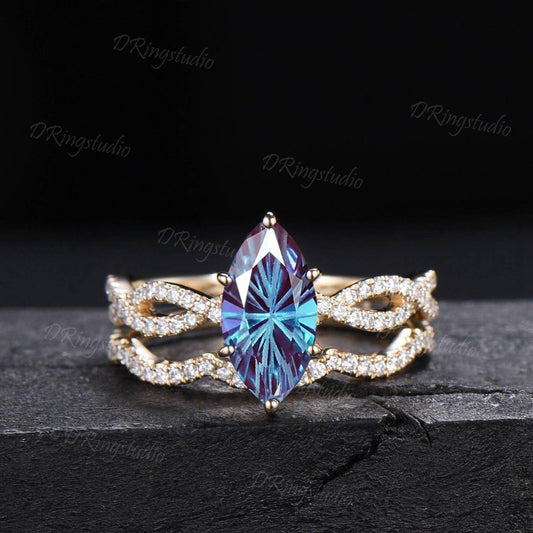 2ct Fireworks Cut Marquise Alexandrite Half Eternity Engagement Ring Twist Infinity Moissanite Yellow Gold Wedding Ring Sets Proposal Gift