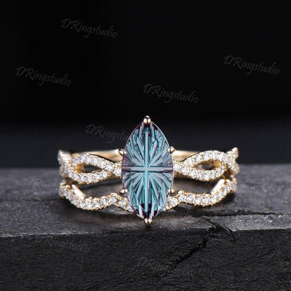 2ct Fireworks Cut Marquise Alexandrite Half Eternity Engagement Ring Twist Infinity Moissanite Yellow Gold Wedding Ring Sets Proposal Gift