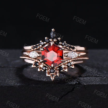 3pcs 1ct Hexagon Natural Garnet and Black Diamond Ring Set Rose Gold Red Garnet Ring Black Diamond Wedding Band Antique January Birthstone Gifts