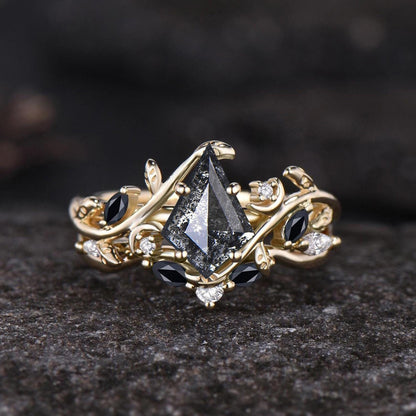 Nature Inspired Natural Salt And Pepper Diamond Kite Cut Bridal Wedding Ring Set 14k Black Gold Gothic Branch Moon Unique Engagement Jewelry