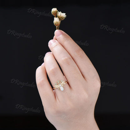Oval White Opal Ring Handcrafted Honey Bee Opal Wedding Ring Green Emerald Floral Jewelry Women Personalized Anniversary Promise Ring Gifts