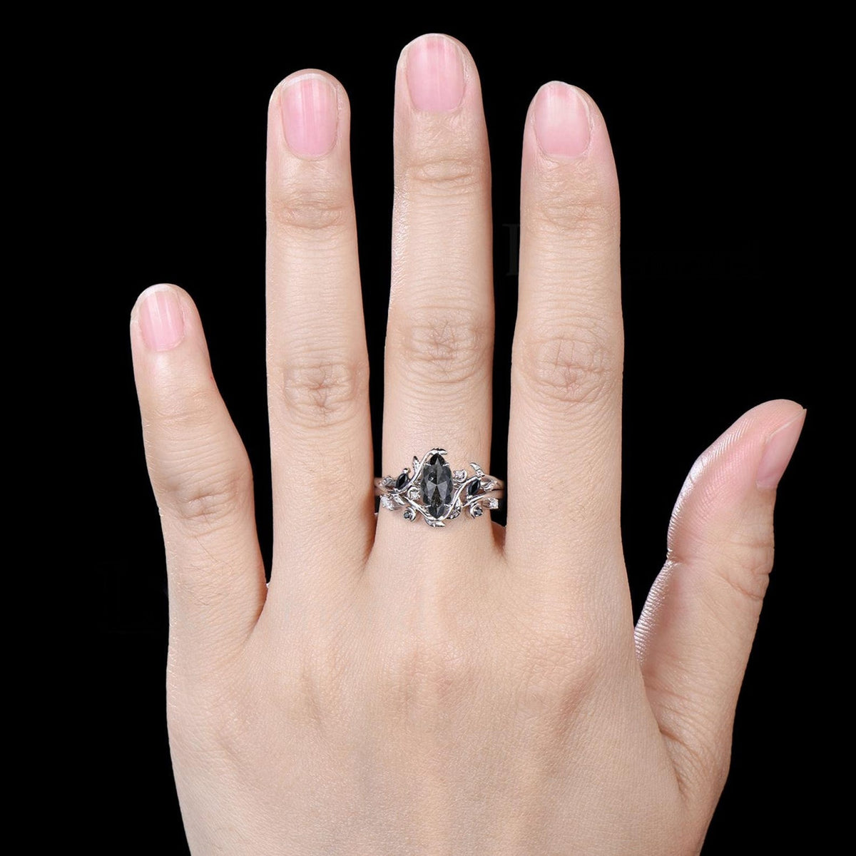 Marquise Cut Natural Salt And Pepper Diamond Engagement Ring Set Moon Vine 14k White Gold Black Spinel Bridal Wedding Ring Set