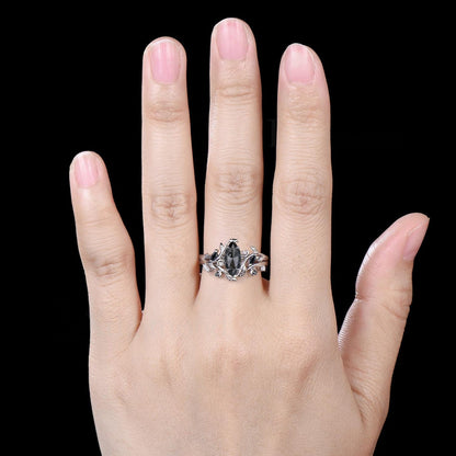 Marquise Cut Natural Salt And Pepper Diamond Engagement Ring Set Moon Vine 14k White Gold Black Spinel Bridal Wedding Ring Set