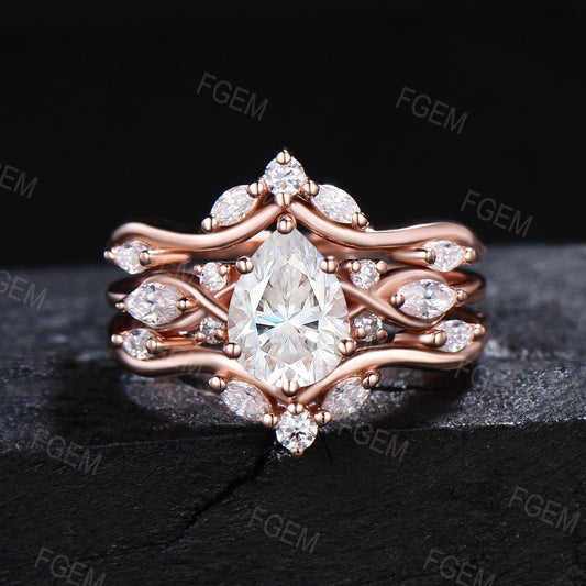 14k Rose Gold Teardrop Moissanite Engagement Ring Set Enhancer Guard Ring Double Curved Moissanite Wedding Ring Proposal Gift