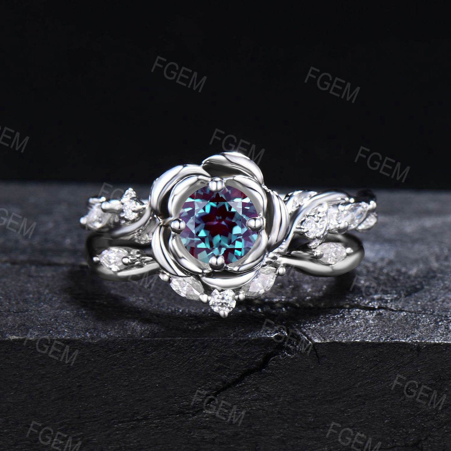 Floral Round Alexandrite Engagement Ring Set Branch Leaf Moissanite Bridal Set Rose Flower Gemstone Ring June Birthstone Promise Ring Gift