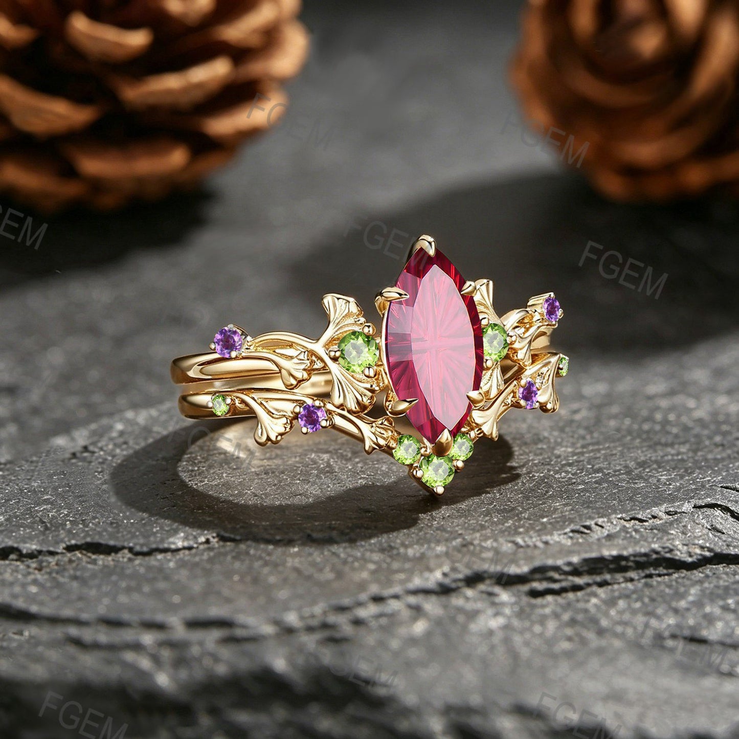 1CT Marquise Fantasy Cut Ruby Ginkgo Leaf Engagement Ring Set  Amethyst Peridot Accent Wedding Band For Women