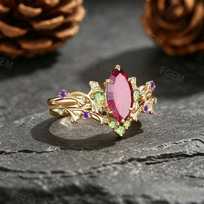1CT Marquise Fantasy Cut Ruby Ginkgo Leaf Engagement Ring Set  Amethyst Peridot Accent Wedding Band For Women