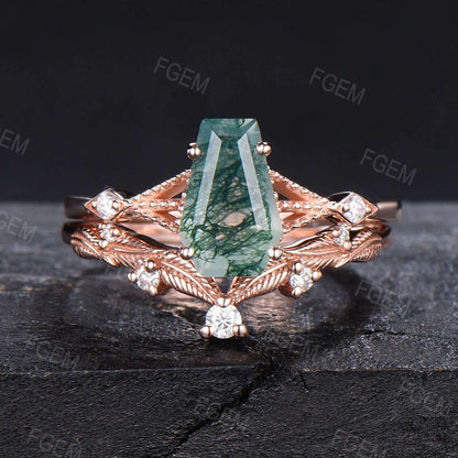 Unique Coffin Natural Moss Agate Gothic Ring Set Vintage Leaf Art Deco Engagement Ring