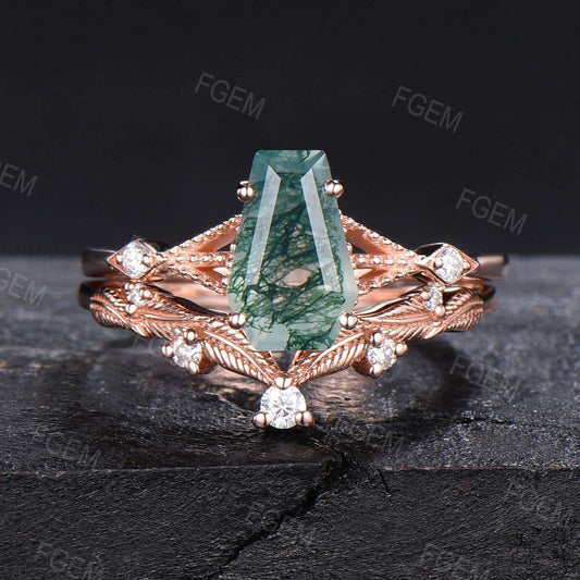 Unique Coffin Natural Moss Agate Gothic Ring Set Vintage Leaf Art Deco Engagement Ring